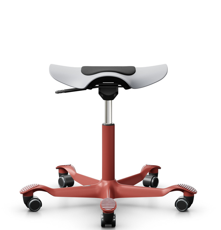 HAG Capisco Puls 8001, Pauly Vinyl Black Seat Pad Upholstery, Light Grey Shell, Blush Rose Frame and Base, Front View