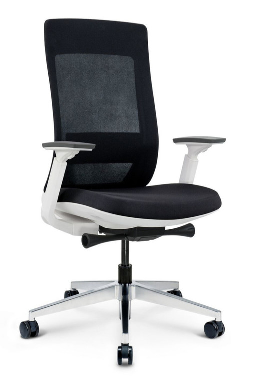 Eurotech Elevate Executive Task Chair White Frame, Black Mesh Back and Fabric Seat, 3/4 Front View