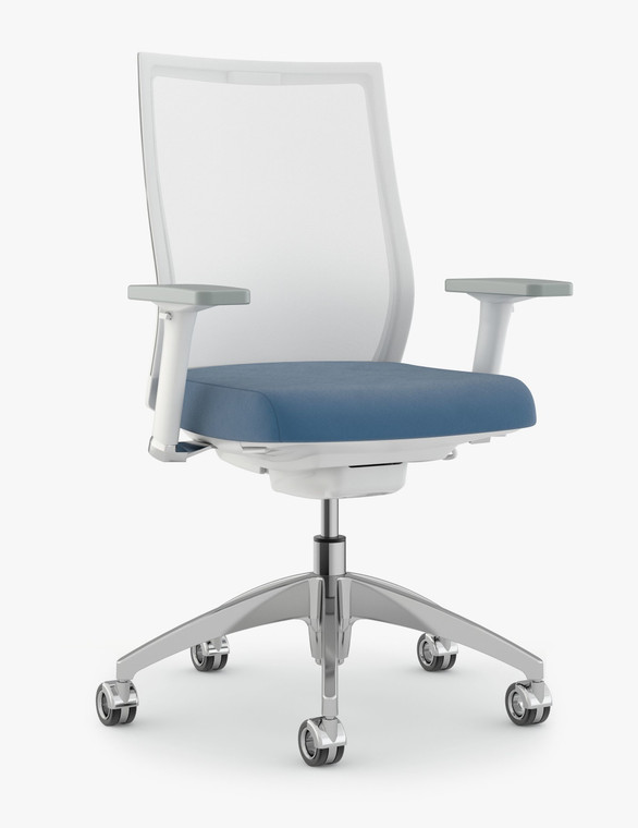 Kimball Helio High Performance Tasker, White Mesh and Frame, Height Adjustable Arms, Platinum Metallic Base, Halo Caster, 3/4 Front View