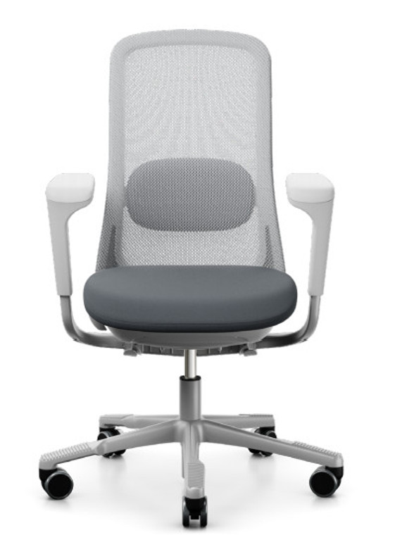 HAG SoFi Mesh Quickship Tasker quickship with light grey mesh, dark grey seat and silver base, Front View