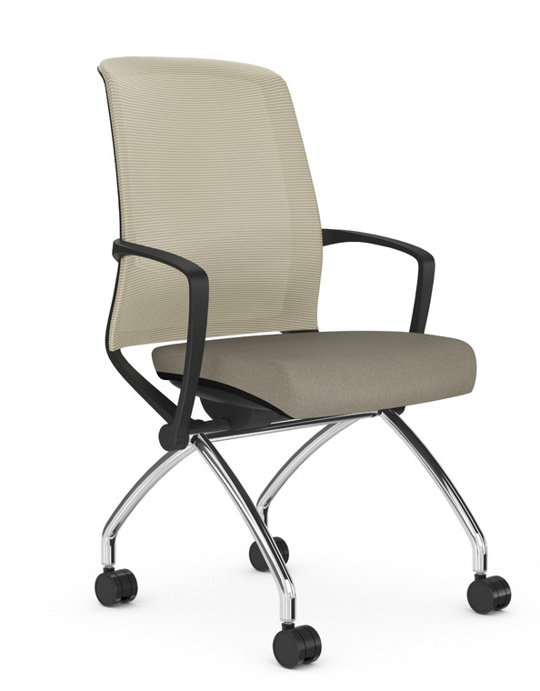 AMQ Tizu Training & Nesting Chair, Sable Mesh Back, Black Frame with Chrome Base, Optional Fixed Arms, 3/4 Front View