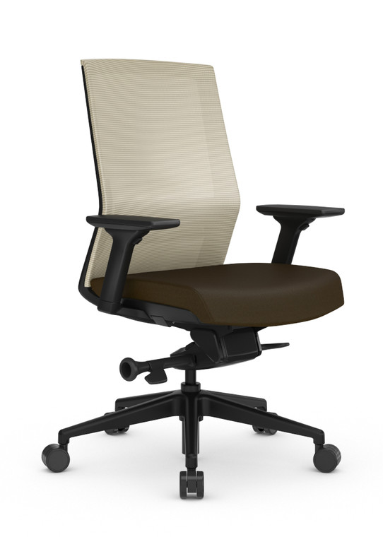 AMQ Black Zilo Ergonomic Task Chair, Sable Mesh Back, Black Frame and Polished Base, Optional 3-Way Arms, 3/4 Front View