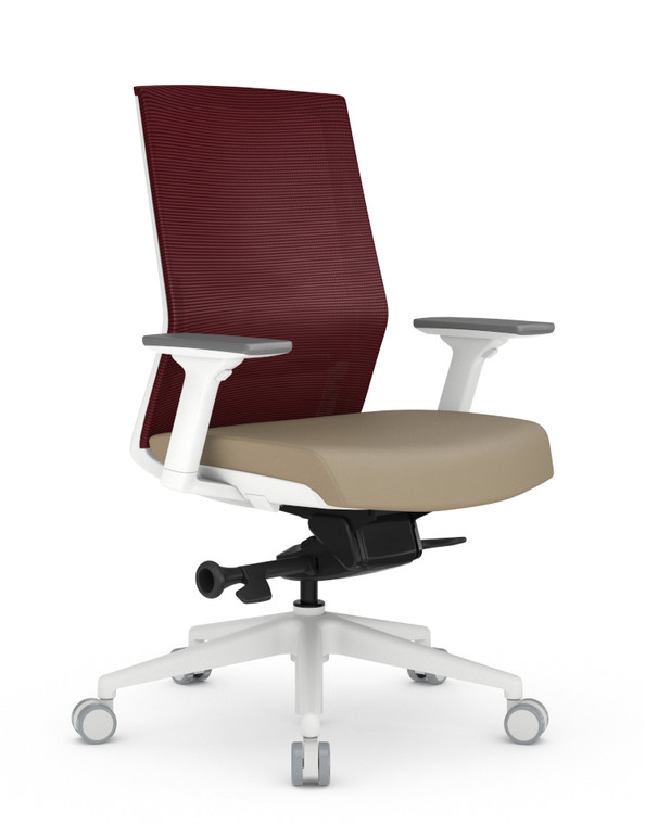 AMQ Zilo White Frame Ergonomic Task Chair, Merlot Mesh Back, White Frame and Base, Optional 3-Way Arms, 3/4 Front View