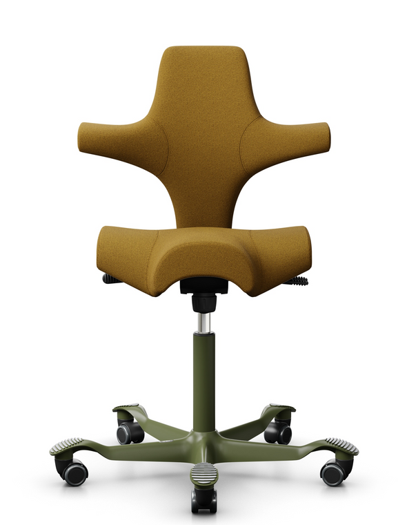 HAG Capisco 8106 / 15 Day Standard Ship, Gabriel Capture Ochre Upholstery, Moss Frame and Base Finish, Front View