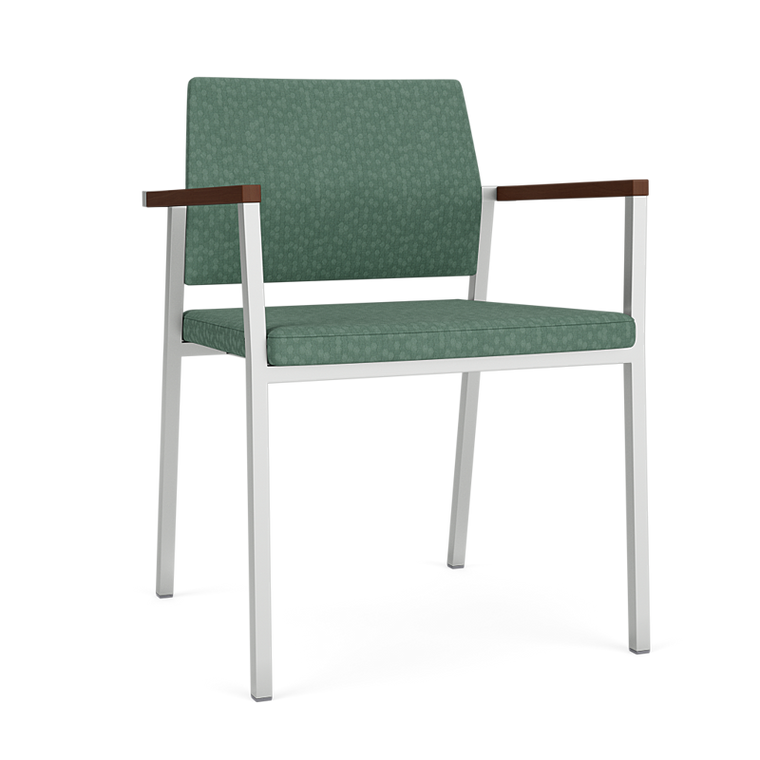 Lesro Avon Fully Upholstered Guest Chair, Emerge Aloe Upholstery, Silver Frame Finish, Walnut Laminate Armcaps, 3/4 Front View