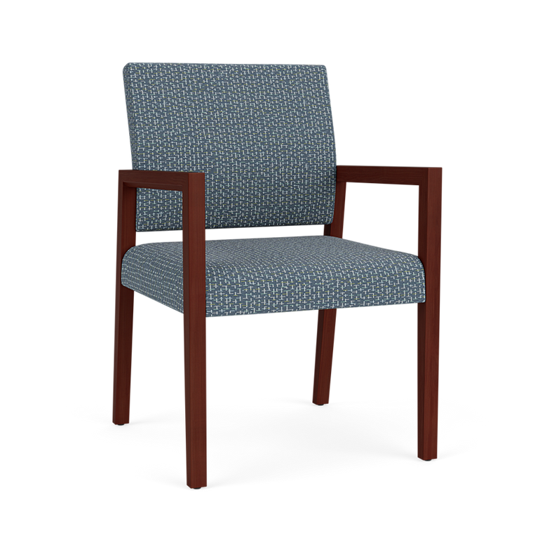 Lesro Brooklyn Guest Chair, Reframe Serene Upholstery, Mahogany Wood Frame, 3/4 Front View
