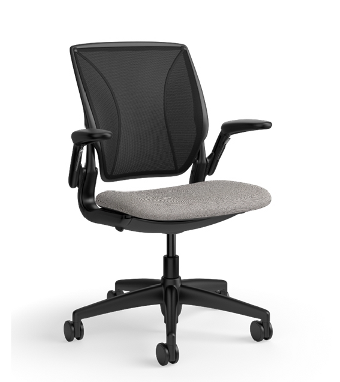 Humanscale World LM Ergonomic Chair, Black Frame and Mesh, Adjustable Duron Arms, 3/4 Front View