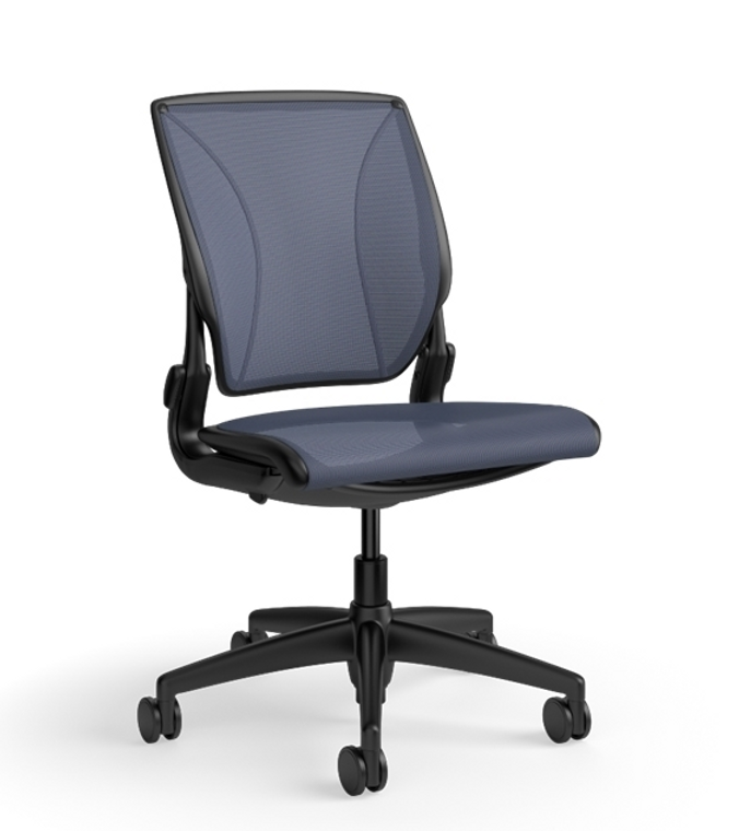 Humanscale World LM All Mesh Ergonomic Chair, Cornflower Mesh, Black Frame, Armless, 3/4 Front View