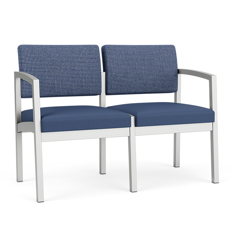 Lesro Lenox Steel Two Seat Sofa, Huron Scooner Back Upholstery, Silvertex Sapphire Seat Upholstery, Silver Frame Finish, 3/4 Front View