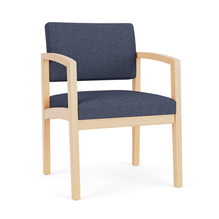Lesro Lenox Wood Guest Chair, Linette Vinyl Denim Upholstery, Natural Frame Finish, 3/4 Front View