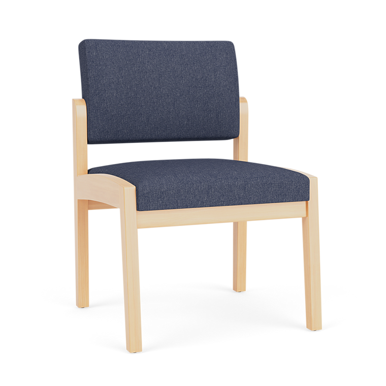 Lesro Lenox Wood Armless Guest Chair, Linette Vinyl Denim Upholstery, Natural Frame Finish, 3/4 Front View