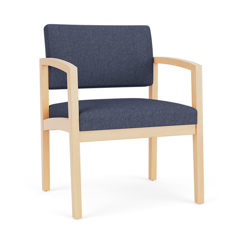 Lesro Lenox Wood Oversized Guest Chair, Linette Vinyl Denim Upholstery, Natural Frame Finish, 3/4 Front View