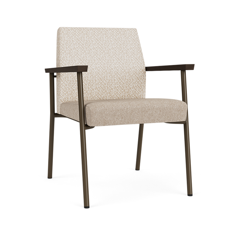 Lesro Mystic Guest Chair, Aerial Vinyl Slipper Back Upholstery, Linette Vinyl Stone Seat Upholstery, Bronze Frame Finish, Mocha Armcaps, 3/4 Front View