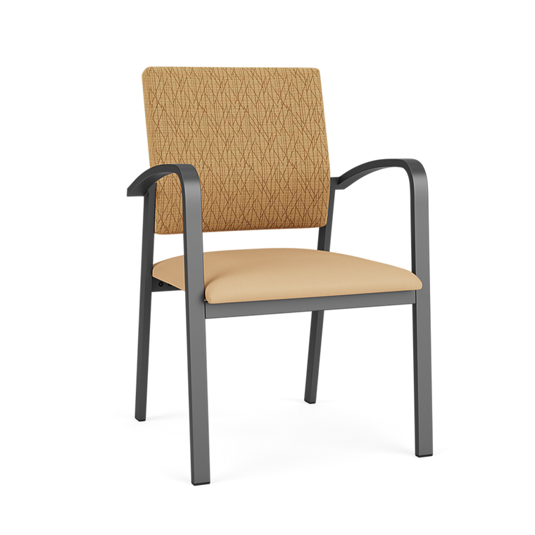Lesro Newport Guest Chair, Adler Golden Seat Back Upholstery, Dillon Vinyl Buff Seat Upholstery, Charcoal Frame Finish, 3/4 Front View
