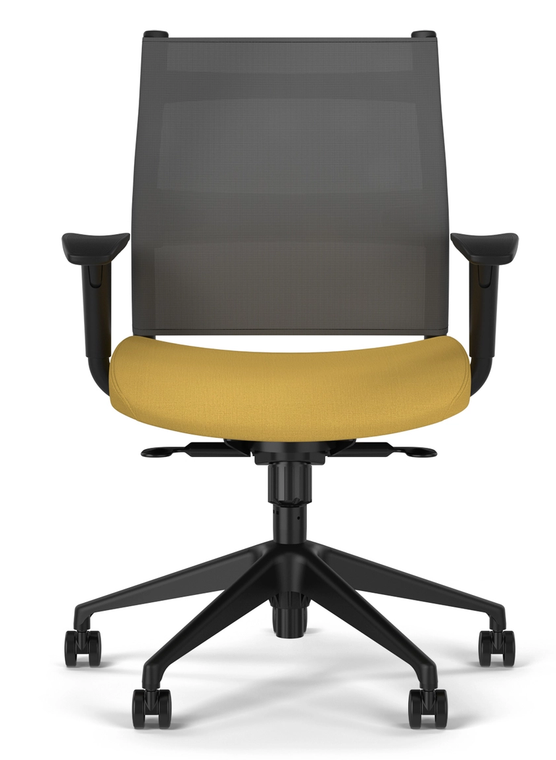 SitOnIt Wit Mid Back Task Chair with Nickel Mesh and Sugar Lemondrop seat fabric, black back support and black base